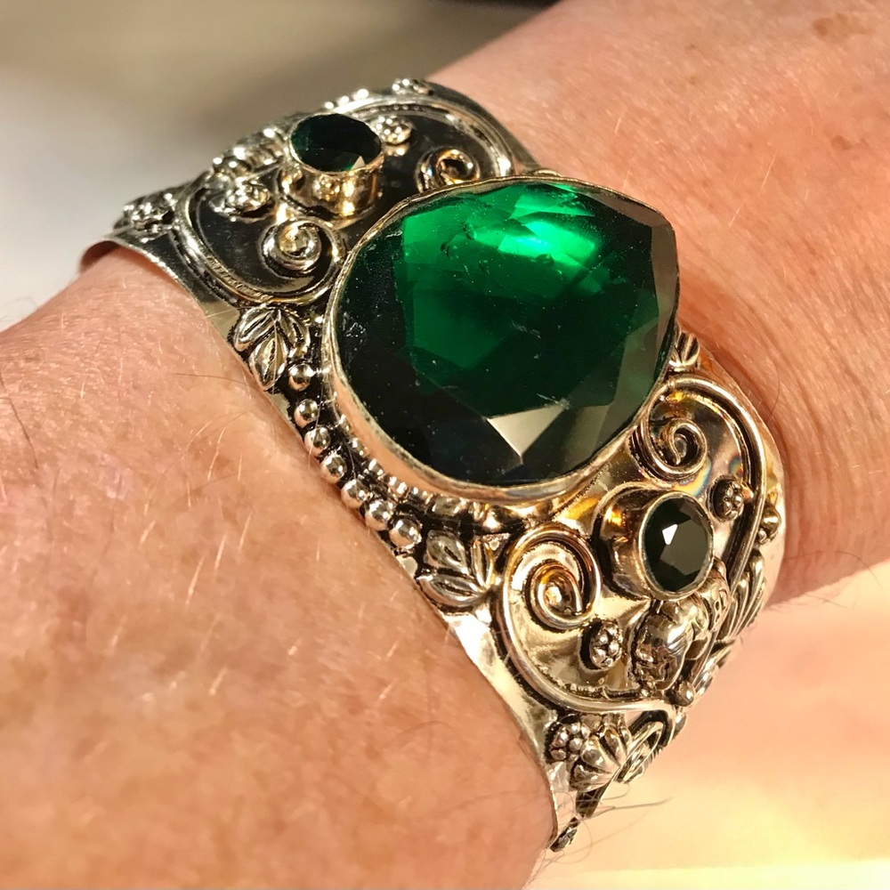Chrome Diopside Stamped 925 Sterling Silver Cuff Bracelet